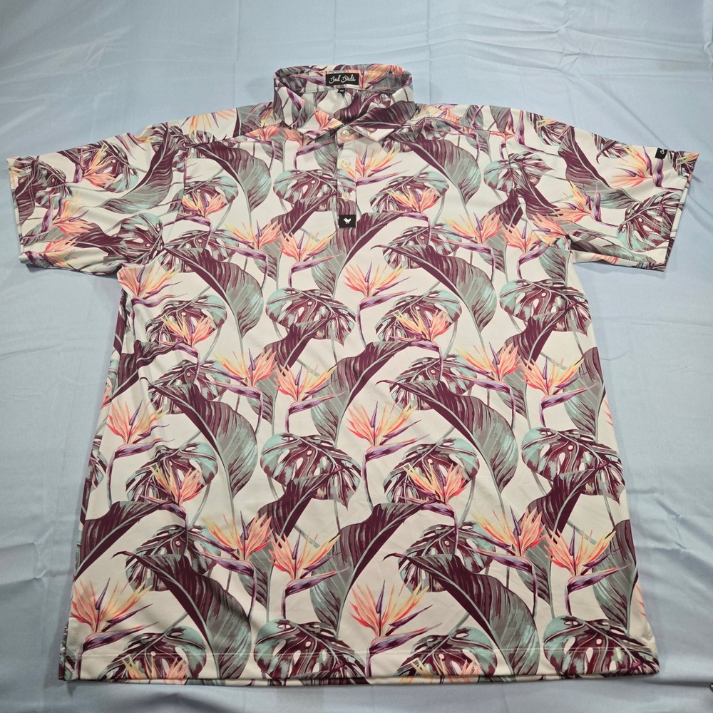 Bad Birdie Mens 3XL Tropical Bird of Paradise Floral Golf Polo Shirt Purple Teal
